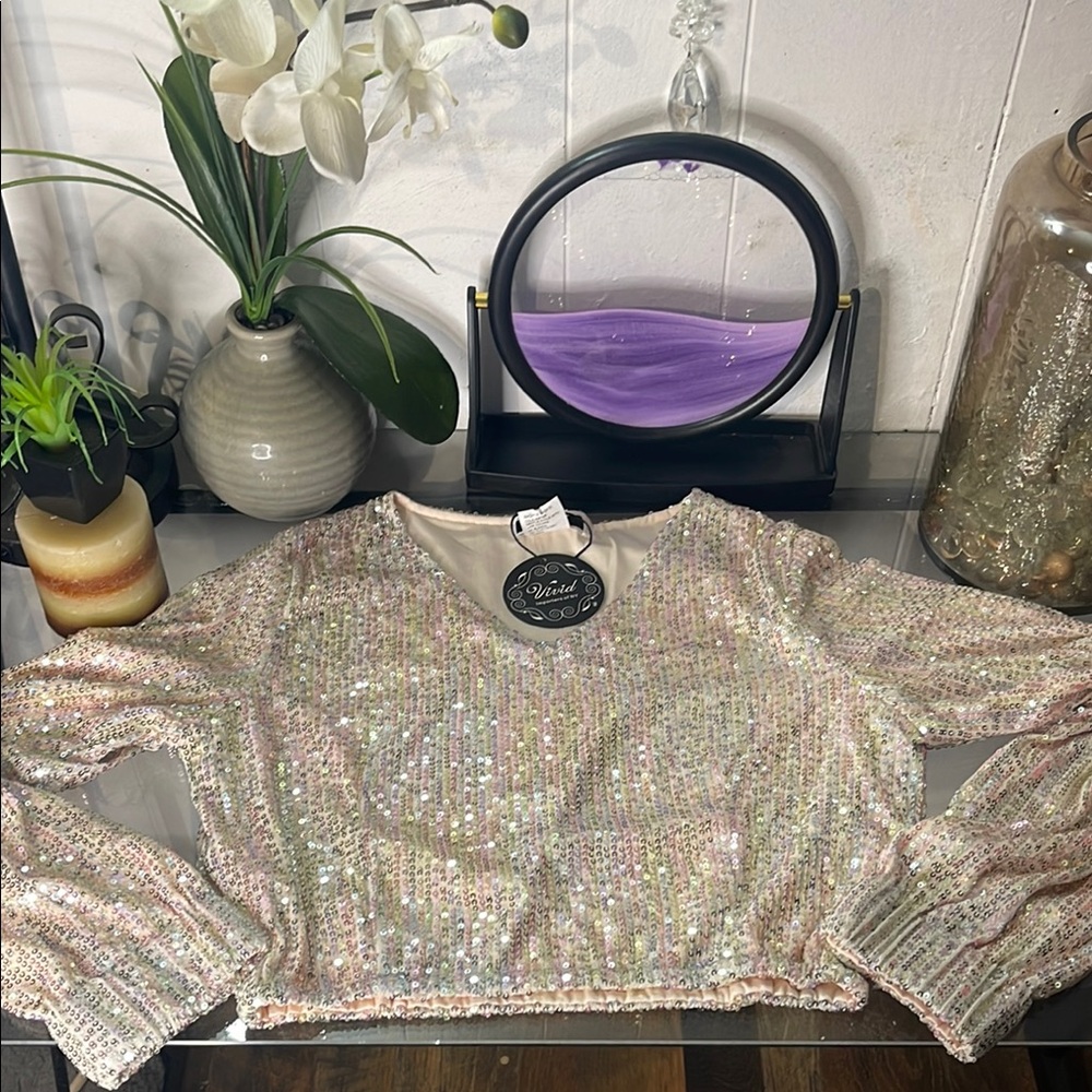 ViVI Cream and Pink Sequin Crop Blouse